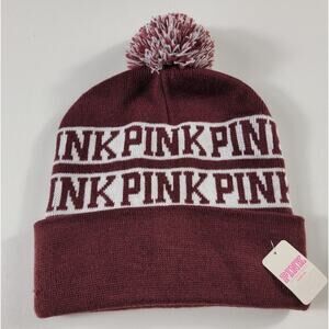 NWT PINK Victorias Secret Womens Beanie Hat Pom Maroon Burgundy & White Aggies